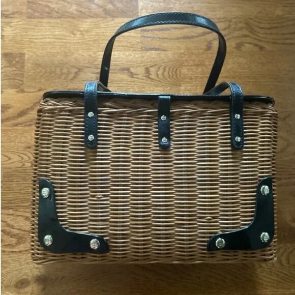 Kate Spade New York Handbag Wicker Basket Black Patent Leather Purse Tote Picnic - Picture 5 of 5